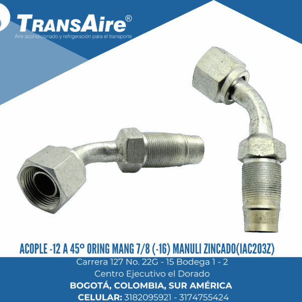 Acople -12 a 45º Oring mang 7/8 (-16) Manuli zincado(IAC203z)